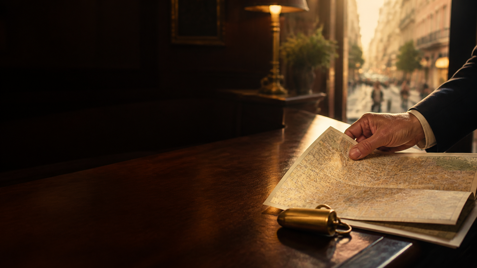 A hotel concierge unfolding a city map beside a brass key